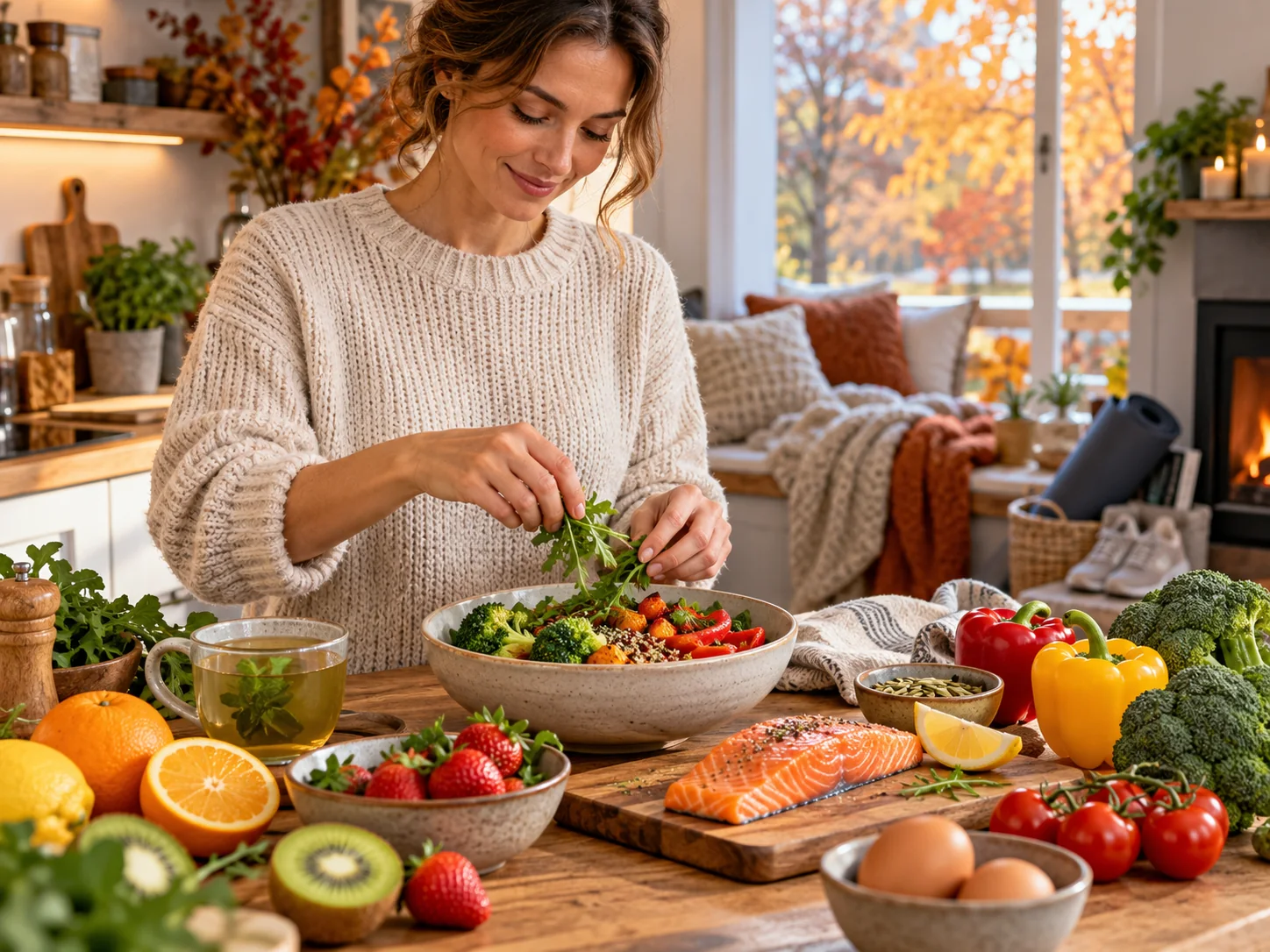 A woman preparing a colourful meal with vegetables and fresh ingredients