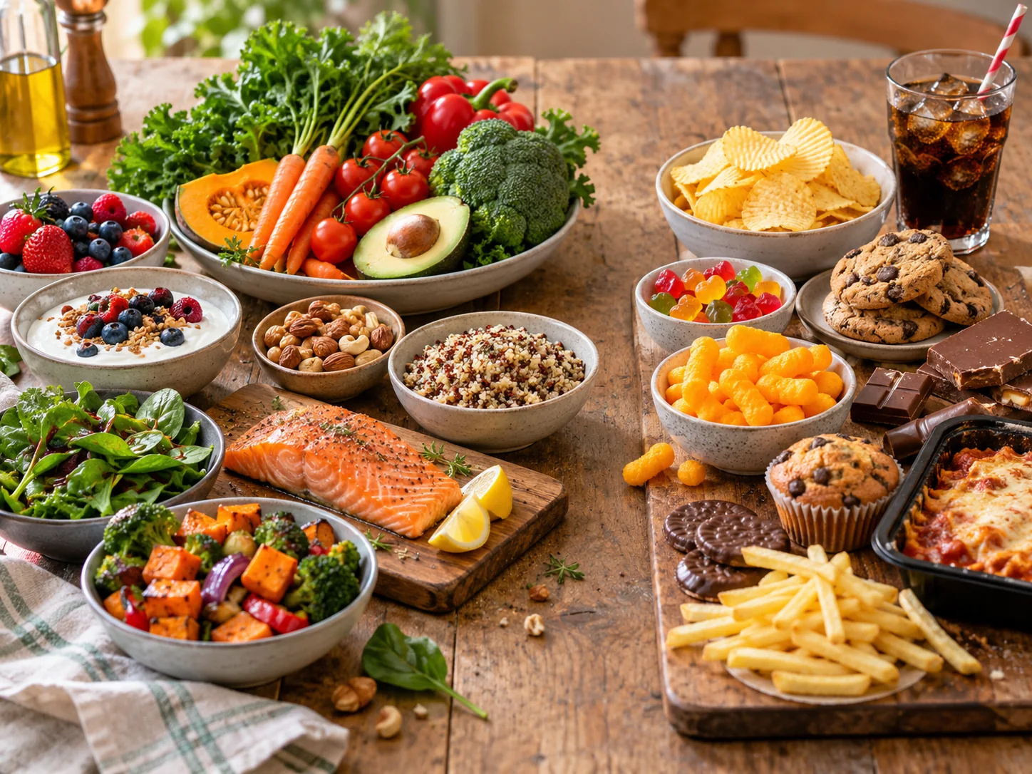 Whole foods, vegetables and salmon alongside snacks and convenience foods